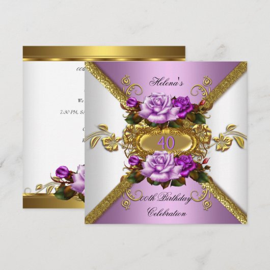 Invitation Elégante Purple Gold Roses fête d'anniversaire (Devant / Derrière)