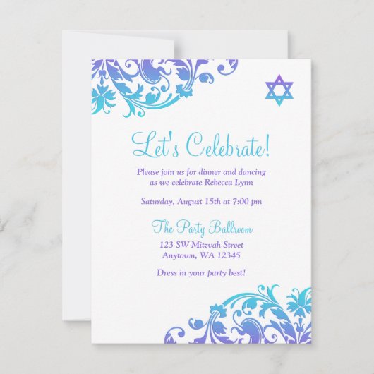 Invitation Elégante Purple Turquoise Flourdissant Bat mitzvah (Devant)