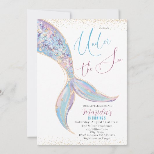 Invitation Elégante Queue de sirène d'aquarelle inférieure à  (Devant)