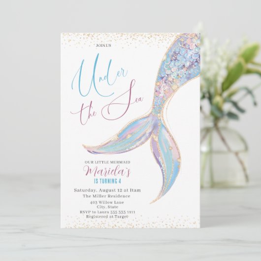 Invitation Elégante Queue de sirène d'aquarelle sous la 4 e B (Debout devant)