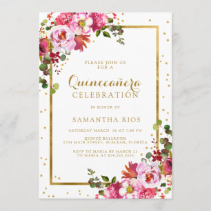 Invitation Elégante Quinceanera à la florale rose et à la cha