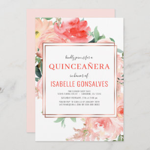 Invitation Élégante QUINCEAÑERA Aquarelle Peach Coral Floral