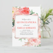 Invitation Elégante QUINCEAÑERA Aquarelle Pêcher Corail Flora (Debout devant)