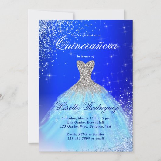 Invitation Elégante Quinceanera Argent Et Bleue (Devant)