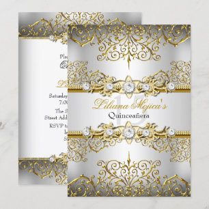 Invitation Élégante Quinceanera Argent Or Glamour Vintage