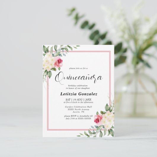 Invitation Elégante Quinceañera blanche et rouge florale (Debout devant)