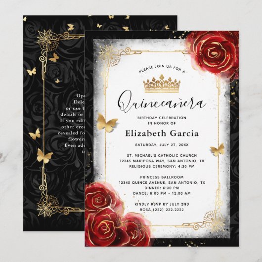 Invitation Elégante Quinceanera blanche et rouge noire (Devant / Derrière)