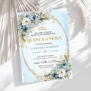 Invitation Élégante Quinceañera Bleu Pâle Or Eucalyptus