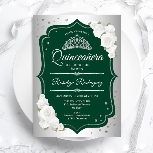 Invitation Élégante Quinceanera d'argent vert émeraude