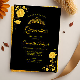 Invitation Elégante Quinceanera dorée florale noire et or