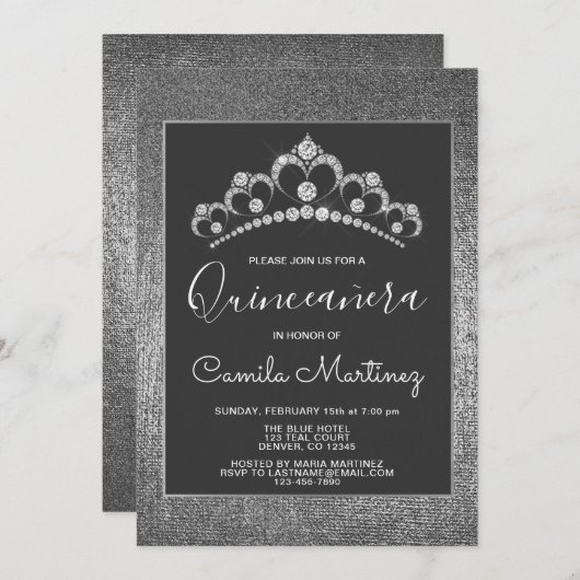 Invitation Elégante Quinceanera en argent avec Tiara (Devant / Derrière)