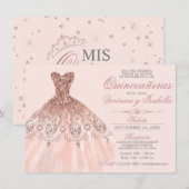 Invitation Elégante Quinceañera espagnole Quince Rose Twins (Devant / Derrière)
