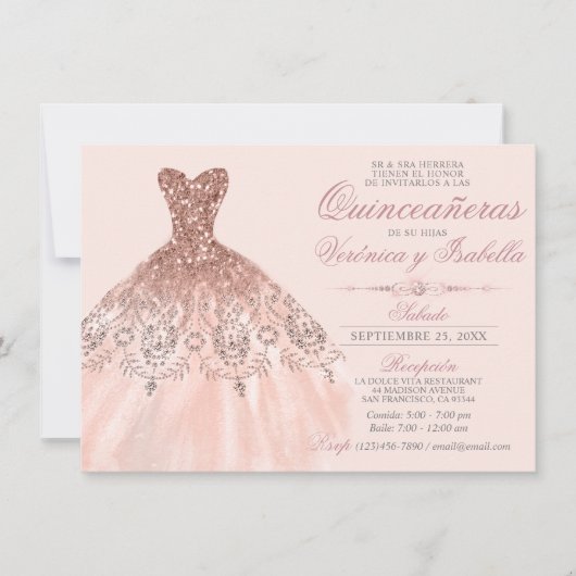 Invitation Elégante Quinceañera espagnole Quince Rose Twins (Devant)