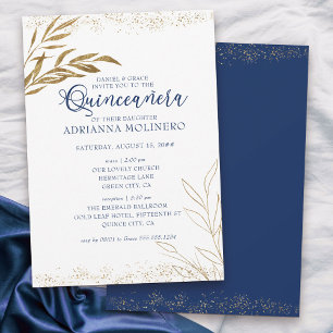 Invitation Elégante Quinceanera et feuille d'or bleu royal po