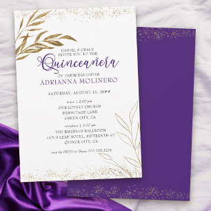Invitation Elégante Quinceanera et Masse Purple et Feuille d'