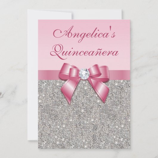Invitation Élégante Quinceañera Faux Séquins d'argent de Bow  (Devant)