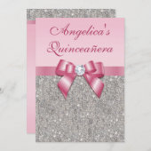 Invitation Élégante Quinceañera Faux Séquins d'argent de Bow  (Devant / Derrière)