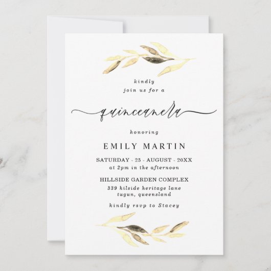 Invitation Élégante Quinceanera Feuille d'or (Devant)