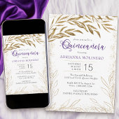 Invitation Elégante Quinceanera Feuilles violet et or