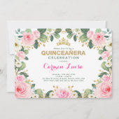 Invitation Élégante Quinceanera Fleurie de Vert et Rose Gold (Devant)