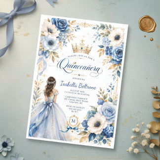 Invitation Élégante Quinceañera Fleurie Princesse Bleu Or