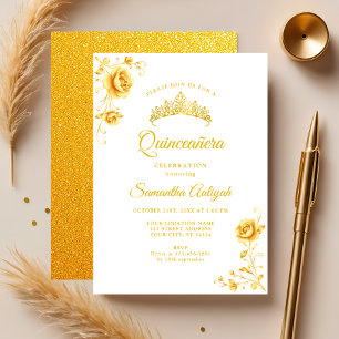 Invitation Elégante Quinceanera Florale Blanche et Or