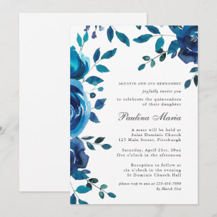 Invitation Elégante Quinceañera Florale Bleue