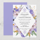 Invitation Élégante Quinceanera Florale d'or violet (Devant / Derrière)