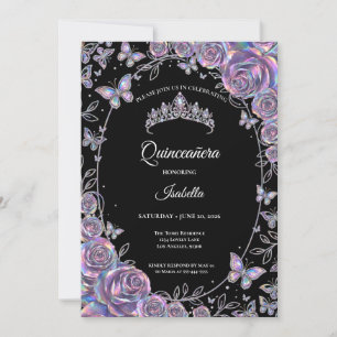 Invitation Élégante Quinceañera Florale Iridescente