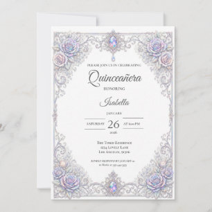 Invitation Élégante Quinceañera Florale Iridescente
