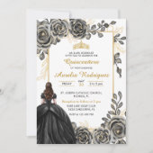 Invitation Elégante Quinceanera Florale Noir et Or (Devant)