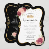 Invitation Élégante Quinceanera florale noire et rose or (Devant / Derrière)