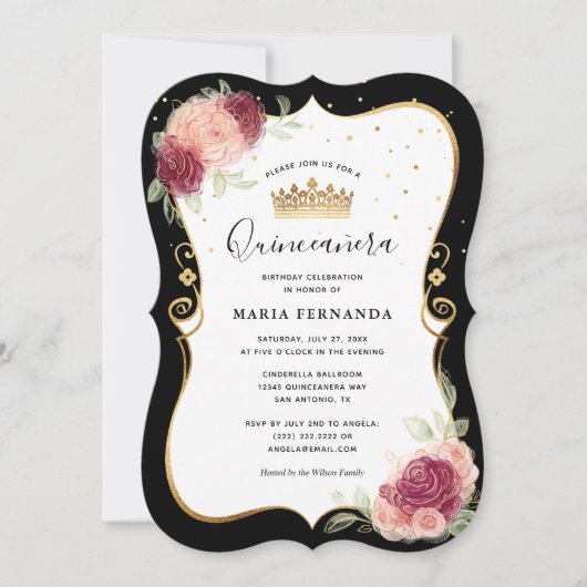 Invitation Élégante Quinceanera florale noire et rose or (Devant)