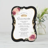 Invitation Élégante Quinceanera florale noire et rose or (Debout devant)
