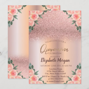 Invitation Élégante Quinceañera Florale Ombrée Or Rose