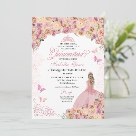Invitation Elégante Quinceanera Florale Peach Rose Push (Debout devant)