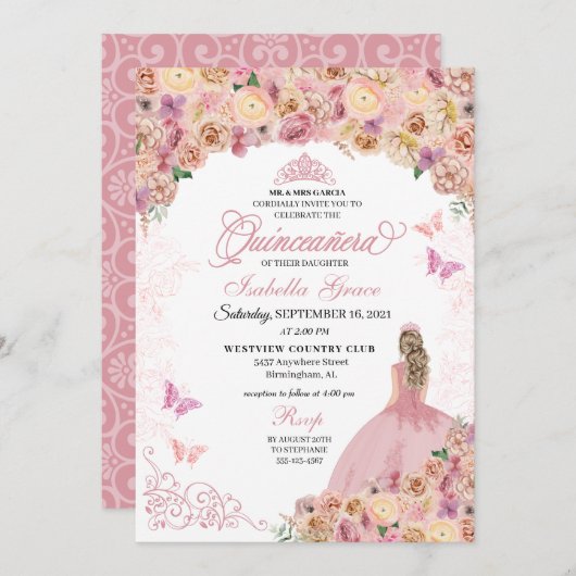 Invitation Elégante Quinceanera Florale Peach Rose Push (Devant / Derrière)