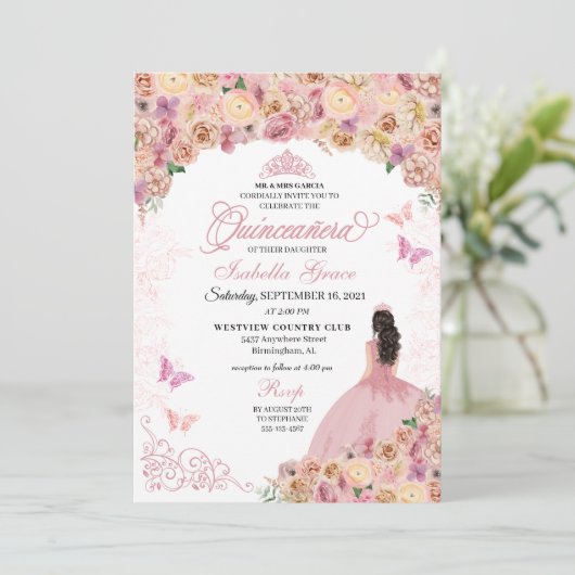 Invitation Elégante Quinceanera Florale Peach Rose Push (Debout devant)