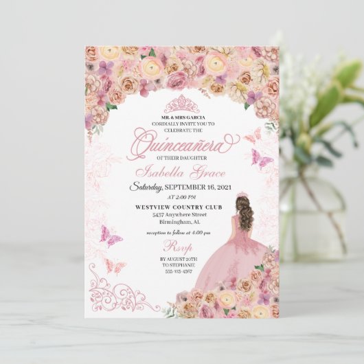 Invitation Elégante Quinceanera Florale Peach Rose Push (Debout devant)