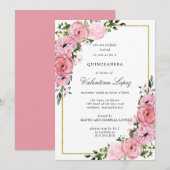 Invitation Élégante Quinceanera Florale Rose (Devant / Derrière)