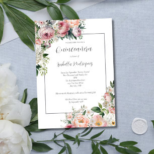 Invitation Élégante Quinceañera Florale Rose avec Bordure Arg