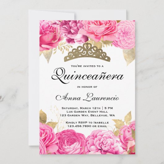 Invitation Élégante Quinceanera Florale Rose Chaud (Devant)