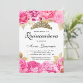 Invitation Élégante Quinceanera Florale Rose Chaud (Debout devant)