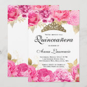 Invitation Élégante Quinceanera Florale Rose Chaud (Devant / Derrière)