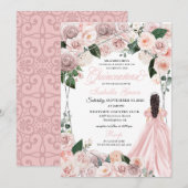 Invitation Elégante Quinceanera florale rose et argent I (Devant / Derrière)