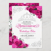 Invitation Elégante Quinceanera florale rose Fuchsia argent (Devant / Derrière)