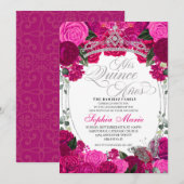 Invitation Elégante Quinceanera florale rose Fuchsia argent (Devant / Derrière)