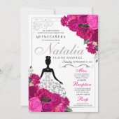 Invitation Elégante Quinceanera florale rose Fuchsia argent (Devant)