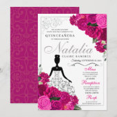 Invitation Elégante Quinceanera florale rose Fuchsia argent (Devant / Derrière)