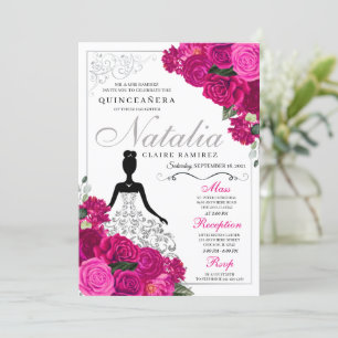 Invitation Elégante Quinceanera florale rose Fuchsia argent